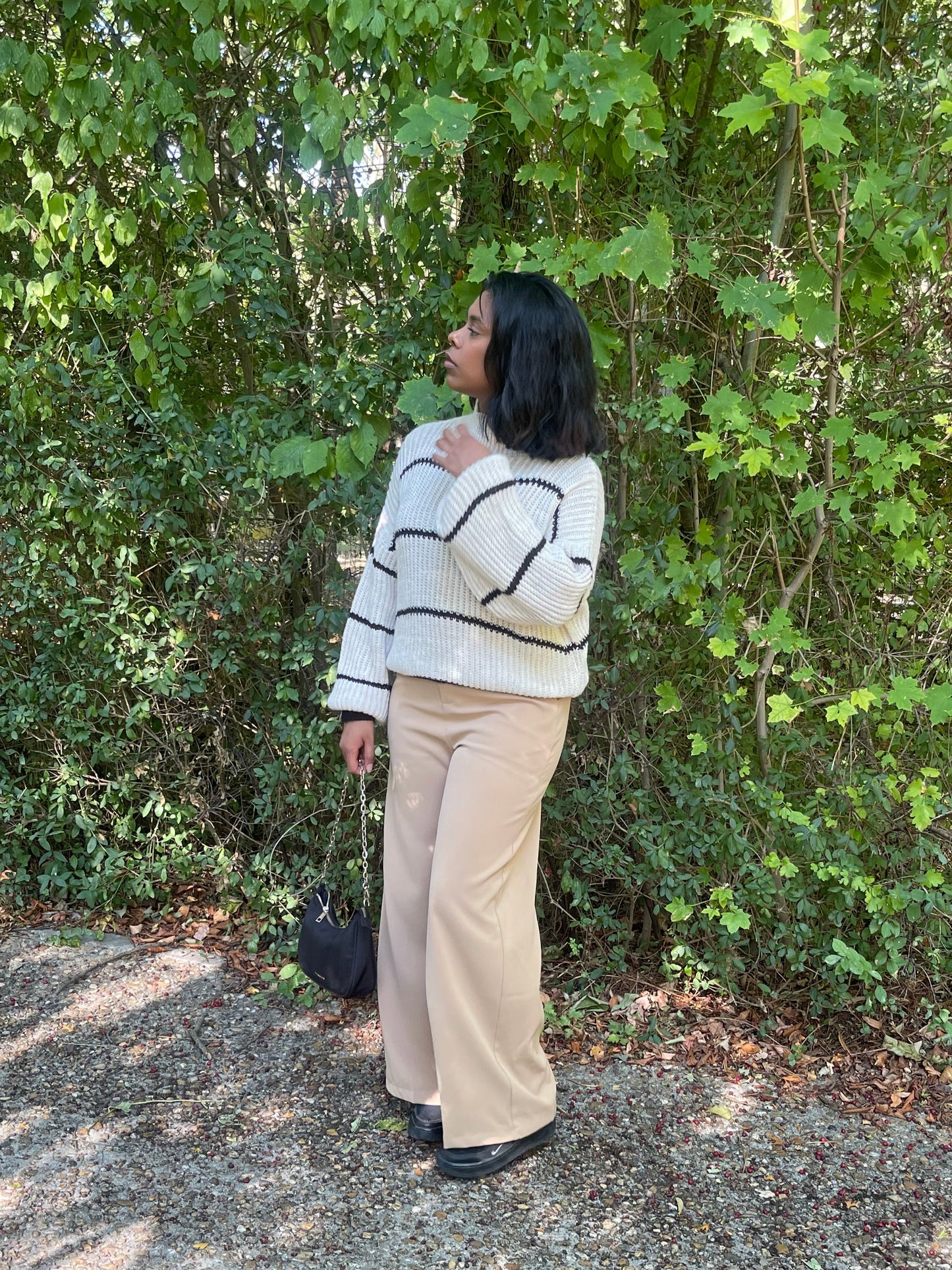 Pull col roulé beige à rayures noires