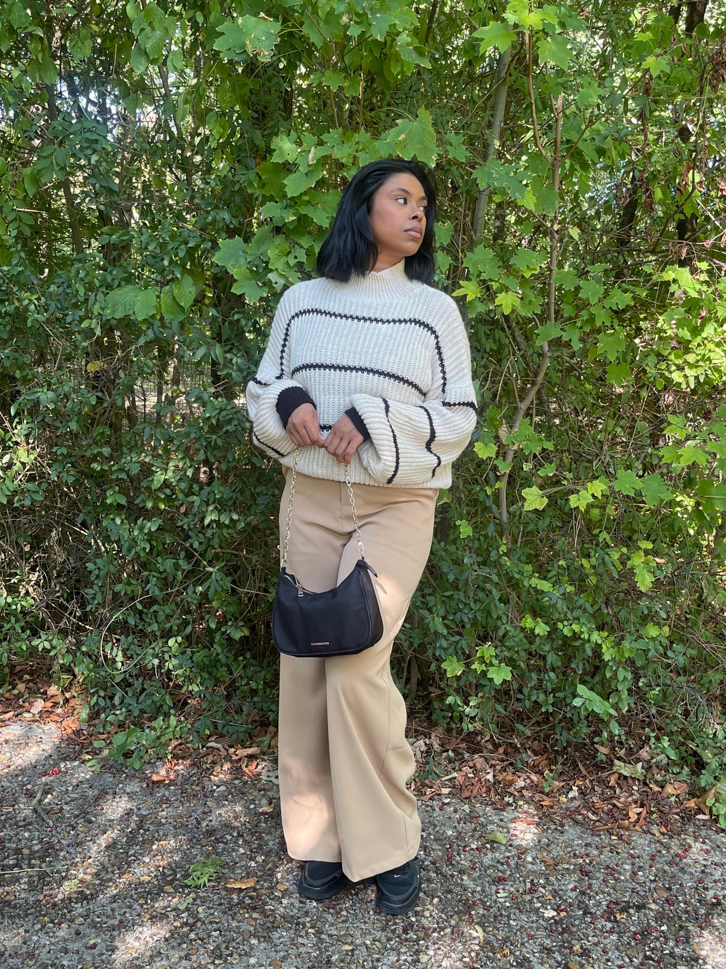 Pull col roulé beige à rayures noires