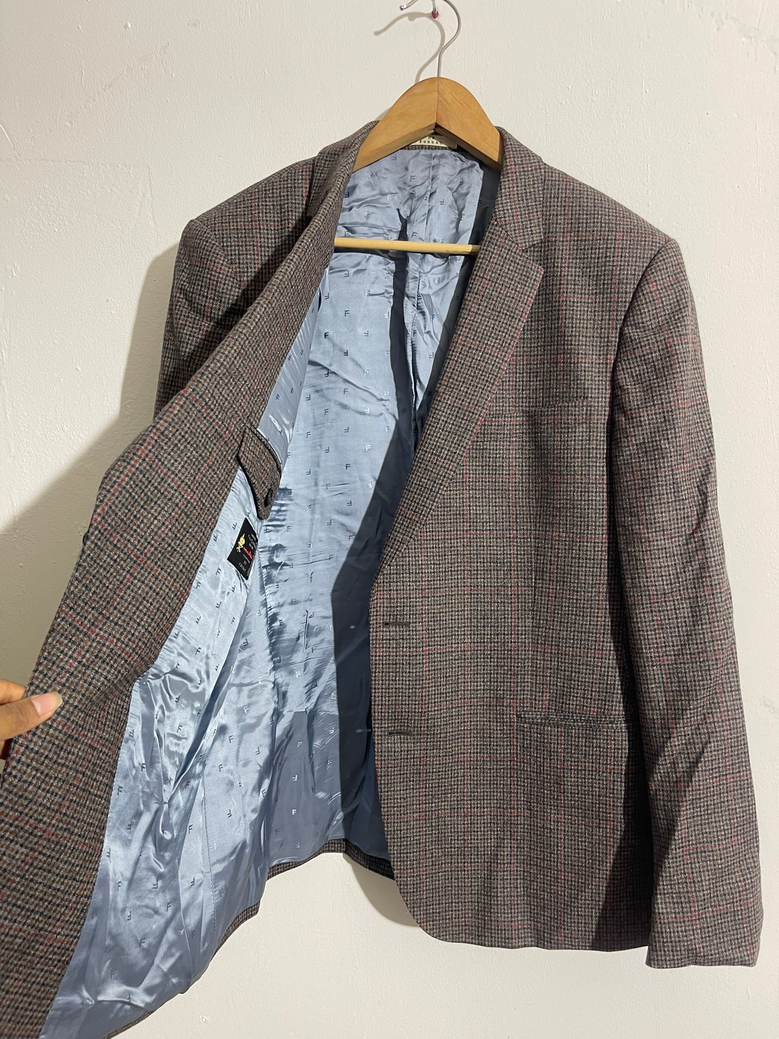 Blazer à carreaux en laine marron et gris