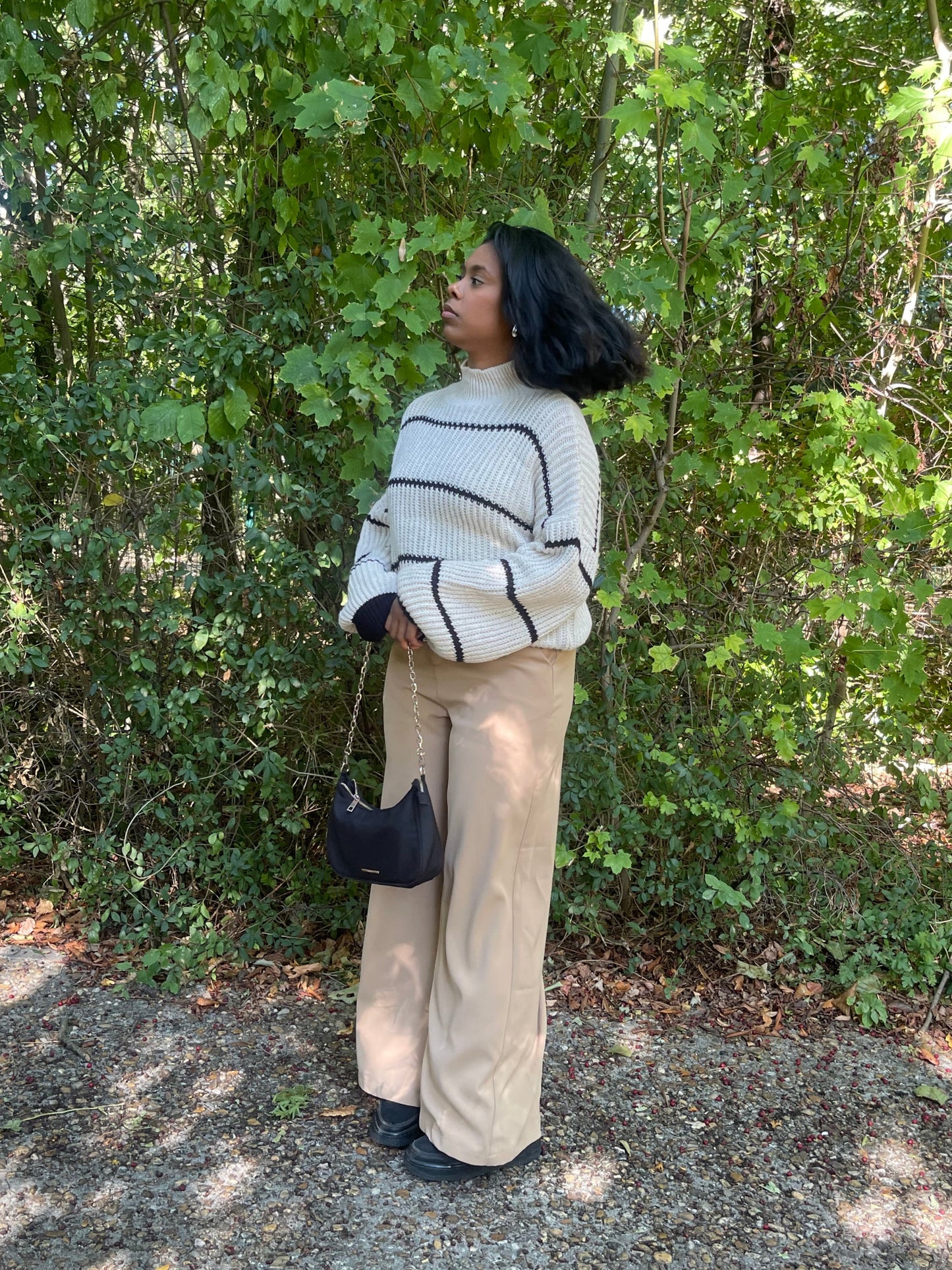 Pull col roulé beige à rayures noires