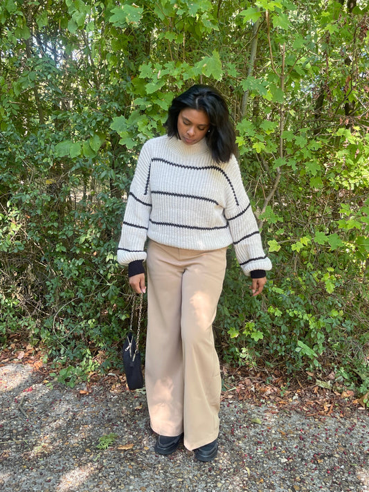 Pull col roulé beige à rayures noires